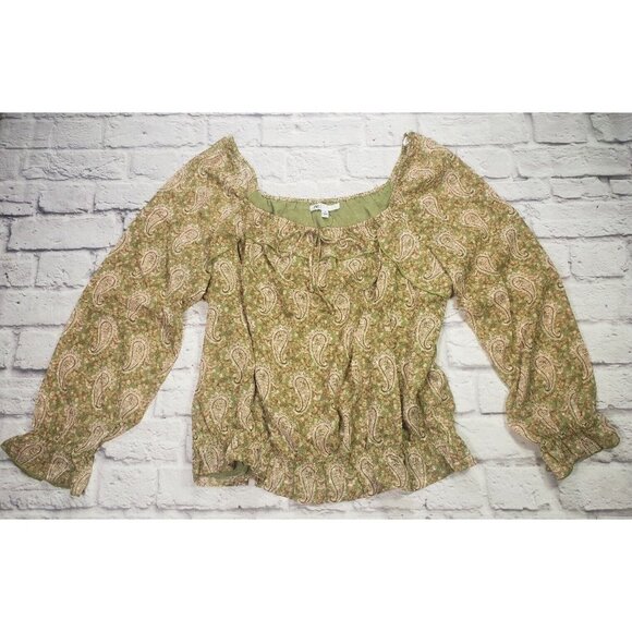 DR2 Top Women XL Extra Large Blouse Green Pink Paisley Balloon Sleeve - Picture 1 of 6